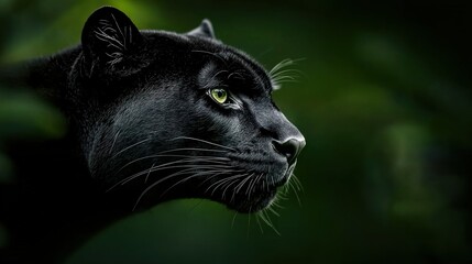   A close-up of a black cat's face with green eyes against a green background