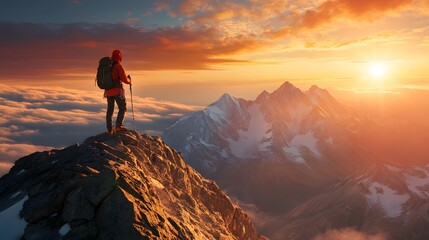 Fototapeta premium Portrait of an experienced mountaineer on the summit of mountain