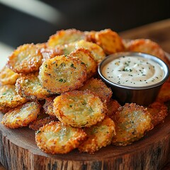This professional photo showcases fried pickles on a stylish plate, highlighting their golden-brown crust and tangy taste, embodying a relaxed pub atmosphere with a dipping sauce.

