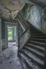 Fototapeta premium Decaying staircase, peeling walls, dusty floor, light fixture.