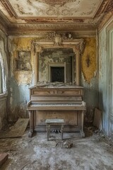 Dusty piano in decaying ornate room.