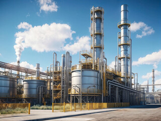 Obraz premium Photorealistic industrial scene with large metallic storage tanks, yellow safety railings, and clear blue skies. Generative AI