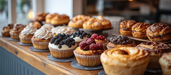 Delicious pastries and baked goods on display in a bakery.