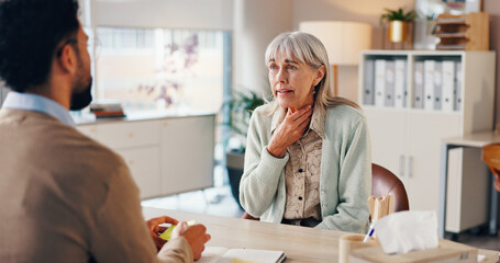 Mature woman, doctor and sore throat in clinic for medical services or professional opinion. People, symptoms and patient in consultation for appointment, checkup and healthcare with illness or virus