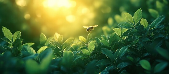 Bee in flight over lush green foliage, backlit by warm sunlight.