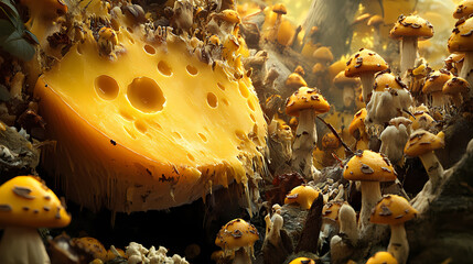 Close-up of cheese with a vibrant overgrowth of fungi, the beauty of decay and rebirth captured in one frame. Overgrowth. Illustration