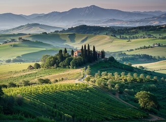 Fototapeta premium Breathtaking view of a Tuscan villa nestled among hills and vineyards in the early morning light