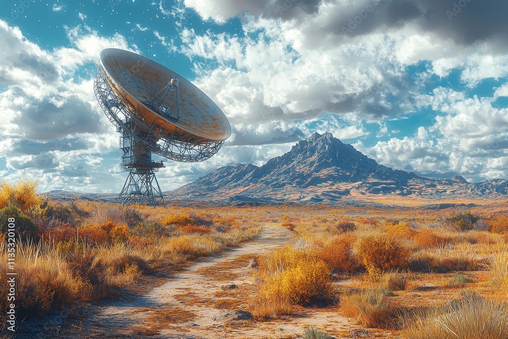 Wall mural the radio telescope points towards the sky, its antenna rotating for astronomical space science.