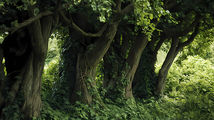 Fototapeta premium Dense undergrowth with thick vines and creepers snaking up the trunks of ancient trees, ancient, overgrowth. Overgrowth. Illustration