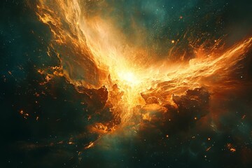 Fototapeta premium Fiery cosmic nebula, glowing orange, dark space.