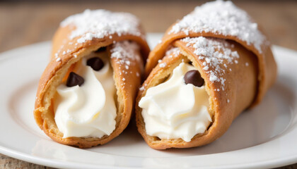 Close-up of two traditional cannoli filled with creamy ricotta cheese
