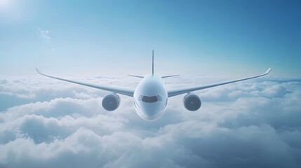 Obraz premium Airplane Soaring Above Fluffy White Clouds In Blue Sky