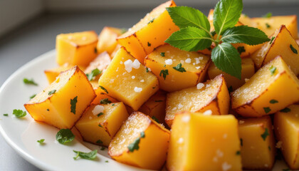 A close-up of a plate of cooked cassava, sliced into thick pieces and served with a sprinkle of sea salt