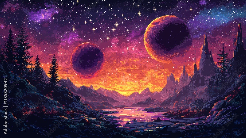 Canvas Prints a background featuring pixel art planets and a nebula, representing the concept of space exploration
