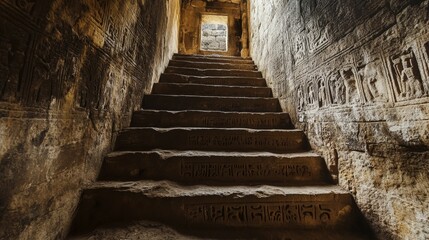 Ancient stone stairway, carved walls, light above.