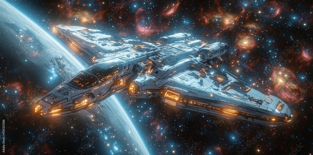 Canvas Prints a beautiful image of space with a tiny white spaceship shuttle, set against a small blue and purple 
