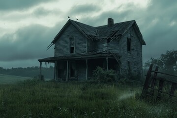 Fototapeta premium Decaying farmhouse, overgrown field, ominous sky.