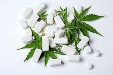 Cannabis tablets and natural compositions arranged on a white surface for medical purposes.