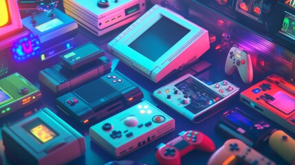 A vibrant collection of retro gaming consoles and controllers arranged on a dark surface, illuminated by colorful lights. Great for themes of nostalgia, gaming culture, and technology history.. AI