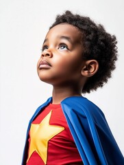 A cute 5 year old african american child, wearing a superhero costume, all red, with a yellow star on the chest, and blue cape