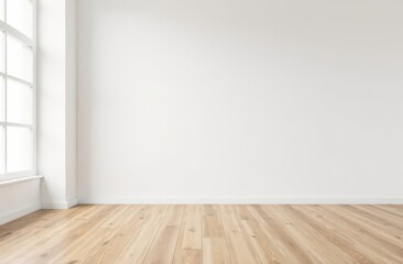 Empty white room with white wall and brown wooden floor. Studio or office blank space. Empty template for interior product. Minimalistic style.