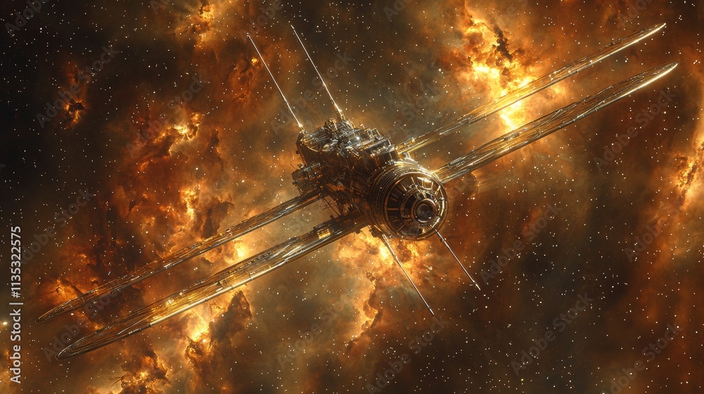 Wall mural a zoomed-in view of a deep space probe navigating the cosmos, set against a background of distant st