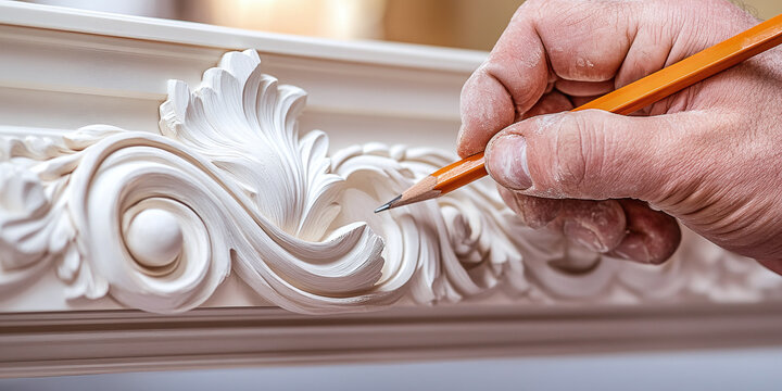 Carpenter marking intricate wood carvings with a pencil, showcasing precision craftsmanship and a textured, ornate design.
