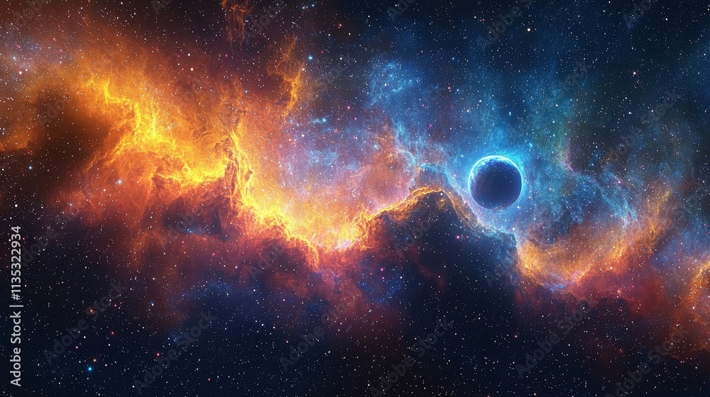 Canvas Prints a lone planet amidst a wide-open space filled with vibrant nebulas and sparkling stars.