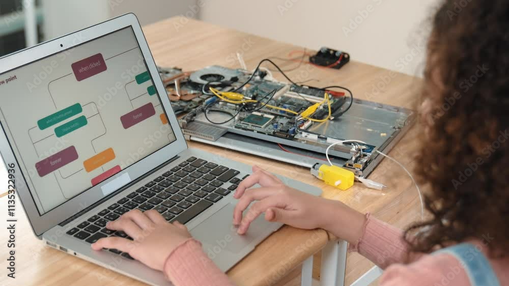 Poster back view of american girl coding engineering prompt while laptop screen display programing software