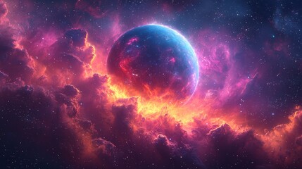 In the midst of an expansive cosmos, a solitary planet shines under the light of colorful nebulas and twinkling stars.
