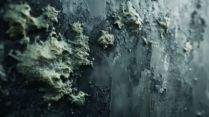 A close-up shot of a gray wall covered in a thick layer of slimy green substance, resembling mold or mildew, mildew, overgrowth, decay. Overgrowth. Illustration