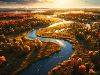 Fototapeta premium A stunning aerial view of a winding river cutting through a vibrant autumn landscape, featuring golden trees and dynamic light. Generative AI