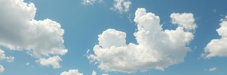 Obraz premium Fluffy white cumulus clouds drift across a vibrant blue summer sky, photograph, nature