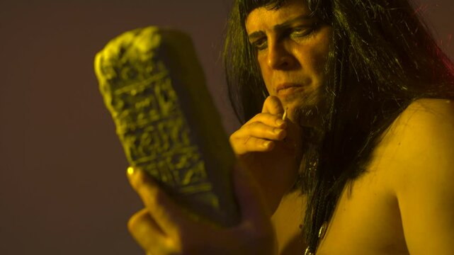 An ancient Egyptian man holds an Egyptian antiquity cuneiform clay tablet in his hands with ancient writings