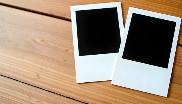 two blank polaroids on wooden table polaroid mockup design