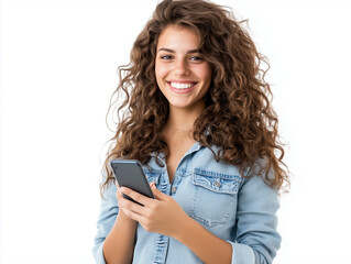 Smiling Young Woman with Curly Hair Holding a Smartphone in Casual Shirt

