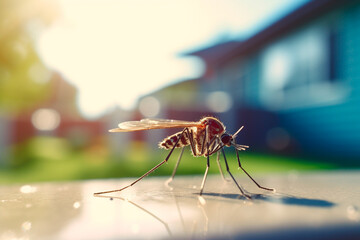 Close-up of an Aedes aegypti mosquito, an insect known for spreading diseases and environmental health risks.