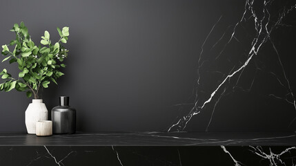 Minimalist Black Marble Interior with Decorative Vases and Green Foliage on a Modern Surface

