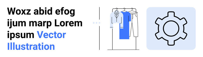 Clothing hangs on a rack featuring shirts and pants. A gear icon is displayed next to placeholder text in blue and black font. Ideal for fashion, clothing store, retail, e-commerce, technology