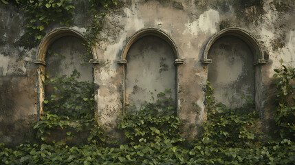 Fototapeta premium Abandoned and ruined cement wall with arched niches and vines, vegetation, growth, abandonment. Overgrowth. Illustration