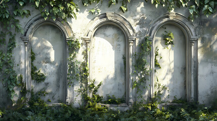 Fototapeta premium Abandoned and ruined cement wall with arched niches and vines, abandonment, overgrowth. Overgrowth. Illustration
