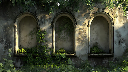 Naklejka premium Abandoned and ruined cement wall with arched niches and vines, abandonment, overgrowth. Overgrowth. Illustration