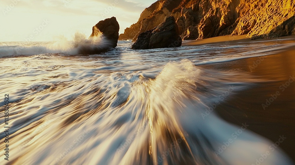 Wall mural   Large rock in ocean near beach with waves Another rock rising from water