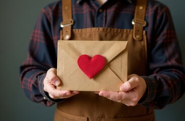 close-up, on the right there is space for text, a male postman holds a craft envelope with a picture of a heart, without inscriptions