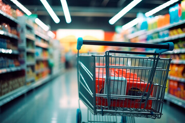 Supermarket background featuring a shopping cart, symbolizing discounts and Black Friday purchases.