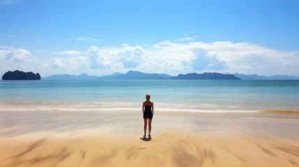 Woman Stands Alone On Tropical Beach Facing Ocean