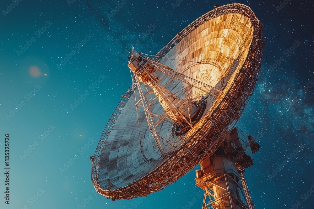 Wall mural with its white dish set against a deep blue sky, the very large array radio telescope points into sp