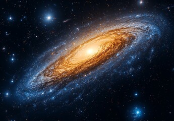 A long exposure image of the Andromeda Galaxy M31, showcasing a nebula, an open cluster, a globular cluster, stars, and cosmic dust in the universe.