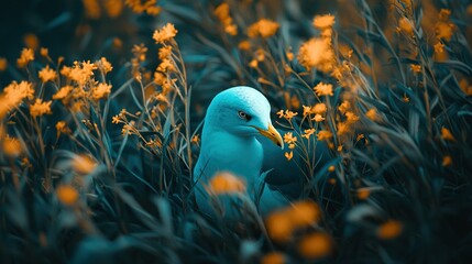   A blue bird perched on top of a field of yellow wildflowers amidst towering blades of grass