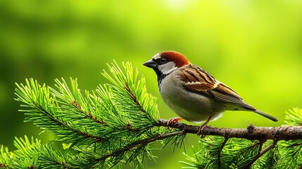   Bird perched on pine tree branch with blurry green leaves background